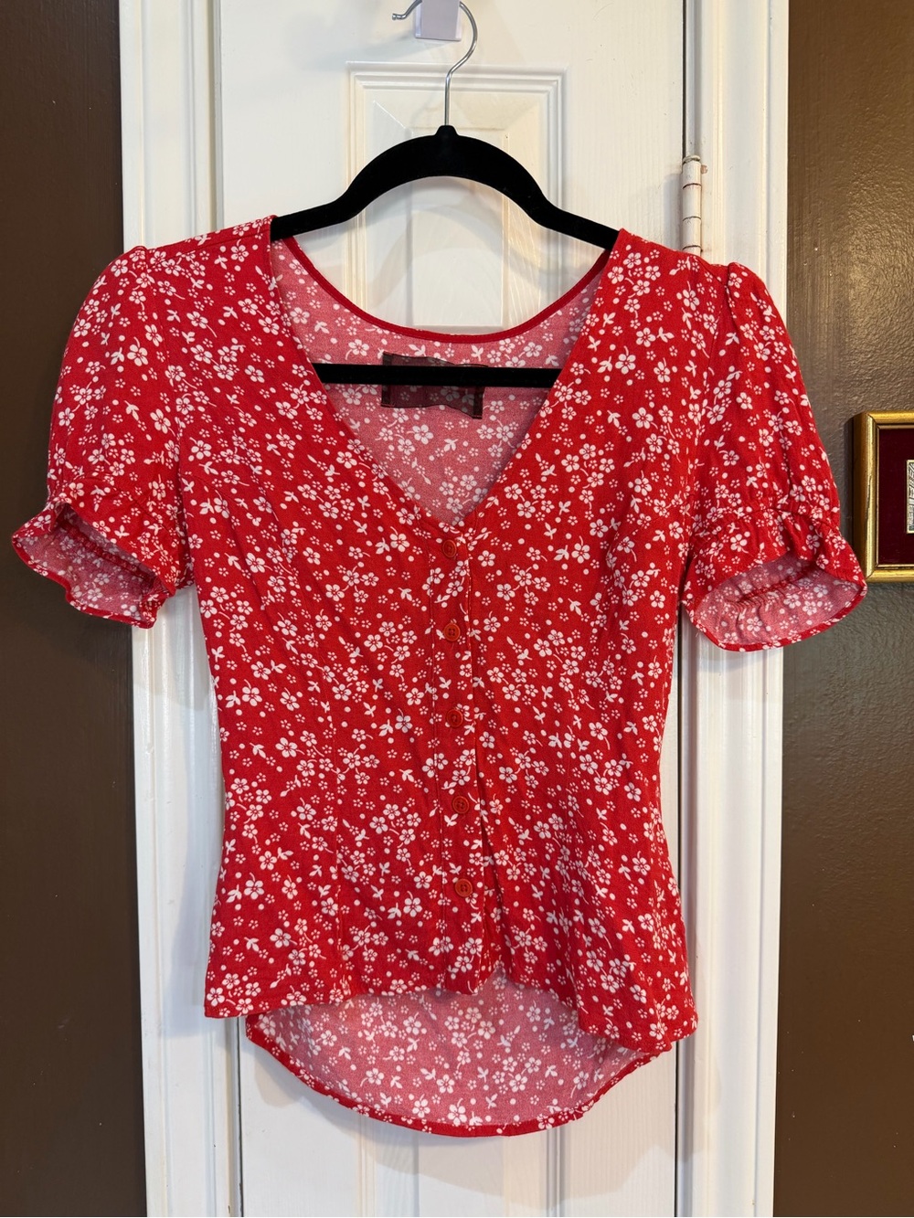 Reformation Red Floral Button-Front V-Neck Blouse